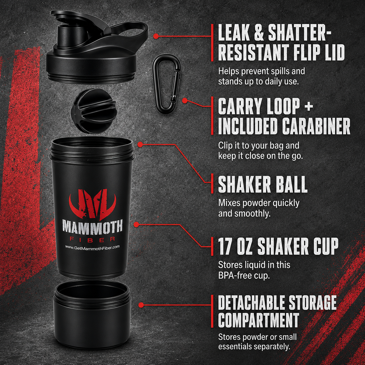Mammoth Fiber 17 oz Shaker Bottle with Detachable Storage Compartment - Get Mammoth Fiber